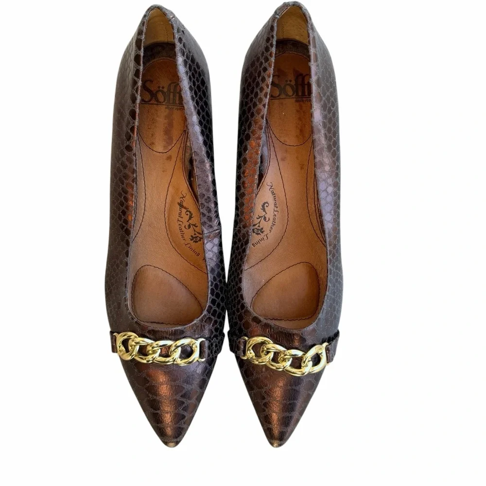 Soft Abbot Brown Leather Wedge with Snakeskin Print & Gold Chain Detail Size 11M